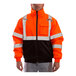 A person wearing a Tingley hi-vis orange and black safety jacket with reflective stripes.