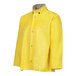 A close up of a yellow Tingley Webdri rain jacket with buttons and a collar.