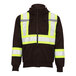 A black jacket with yellow reflective strips.