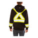 A man wearing a Tingley black zip-up sweatshirt with yellow reflective stripes and a detachable hood over a safety vest.