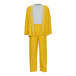 A yellow rainsuit with white trim.