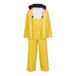 A yellow Tingley rainsuit with a hood and two pockets.