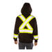 A person wearing a Tingley black zip-up sweatshirt with yellow X-back reflective tape and a hood.