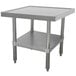 A stainless steel Advance Tabco mixer table with undershelf.