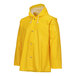 A yellow Tingley rain jacket with hood and white collar and strings.