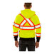 A person wearing a Tingley hi-vis lime yellow zip-up sweatshirt with reflective tape and a hood.