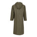 An olive drab Tingley Magnaprene mid-length rain coat with a hood and pockets.