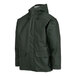 A dark green Tingley Weather-Tuff rain jacket with a hood.