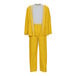 A yellow Tingley rainsuit with white trim on the jacket and pants.