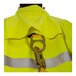 A person wearing a Tingley Comfort-Brite hi-vis lime rain jacket with a yellow safety harness attached.