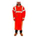 A person wearing a Tingley orange and white raincoat with reflective stripes.