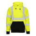 A lime green Tingley pullover sweatshirt with reflective stripes.