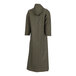 A long olive drab rain coat with a hood and pockets.
