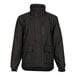 A Tingley black industrial work jacket with a hood and zipper and pockets.