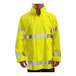 A person wearing a Tingley hi-vis lime rain jacket.