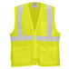 A yellow mesh safety vest with white reflective stripes.