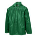 A green Tingley SafetyFlex rain jacket with white zippers and string.