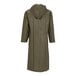 An olive drab Tingley Magnaprene mid-length rain coat with a hood.