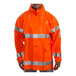 An extra large Tingley orange rain jacket with reflective stripes.