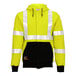 A yellow and black Tingley Job Sight flame-resistant zip-up sweatshirt with reflective stripes.