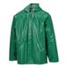 A green Tingley SafetyFlex rain jacket with a hood and white strings.