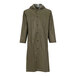 A long olive drab Tingley Magnaprene rain coat with black buttons and a hood.