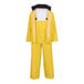 A yellow Tingley rainsuit with a hood and two pockets.