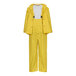 A yellow Tingley rain suit with a hood and pants.