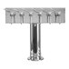 A silver stainless steel Micro Matic 4-tap "T" style tower with black handles.