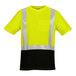A yellow safety shirt with a black front panel and reflective stripes.