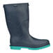 A close up of Tingley youth's blue rubber rain boots with green trim.