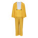 A yellow rainsuit with white pants and a white jacket, with suspenders.