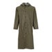 A long olive drab Tingley Magnaprene rain coat with black buttons and a hood.