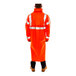 A person wearing a Tingley orange rain coat with reflective stripes.