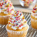 A cupcake with frosting and India Tree Nature's Colors Vegan Fiesta Mix Sprinkles.
