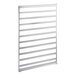 A white metal rack with many rows of metal bars.