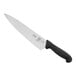 A Mercer Culinary chef knife with a black handle.