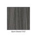 A grey and wood grain plastic laminate urinal partition panel with a black and white hair color.