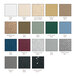 A color chart showing different colors of ASI Accurate Partitions solid plastic urinal partitions on a white background.