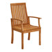 A Three Birds Casual Monterey wood outdoor dining arm chair with armrests.