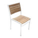A Three Birds Casual SoHo Stacking Side Chair with a white frame and wood seat.