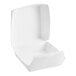 A white paper clamshell take-out box with the lid open.