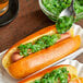 A hot dog with Chipico green relish on it.