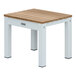 A white and wood Three Birds Casual SoHo backless bench on a white and brown table.