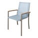 A blue Three Birds Casual Avanti stacking arm chair with a white cloth on it.