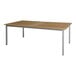 A Three Birds Casual Avanti teak dining table with a wood top and metal base.