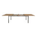 A Three Birds Casual teak dining table with extension leaves and a wooden top on a metal frame.