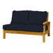 A Three Birds Casual Monterey navy right side facing settee with wooden armrests and a wooden frame with navy cushions.