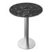 A Holland Bar Stool black marble round bar table top with metal base and umbrella hole.