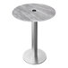 A round grey Holland Bar Stool table with a brushed aluminum base and umbrella hole.